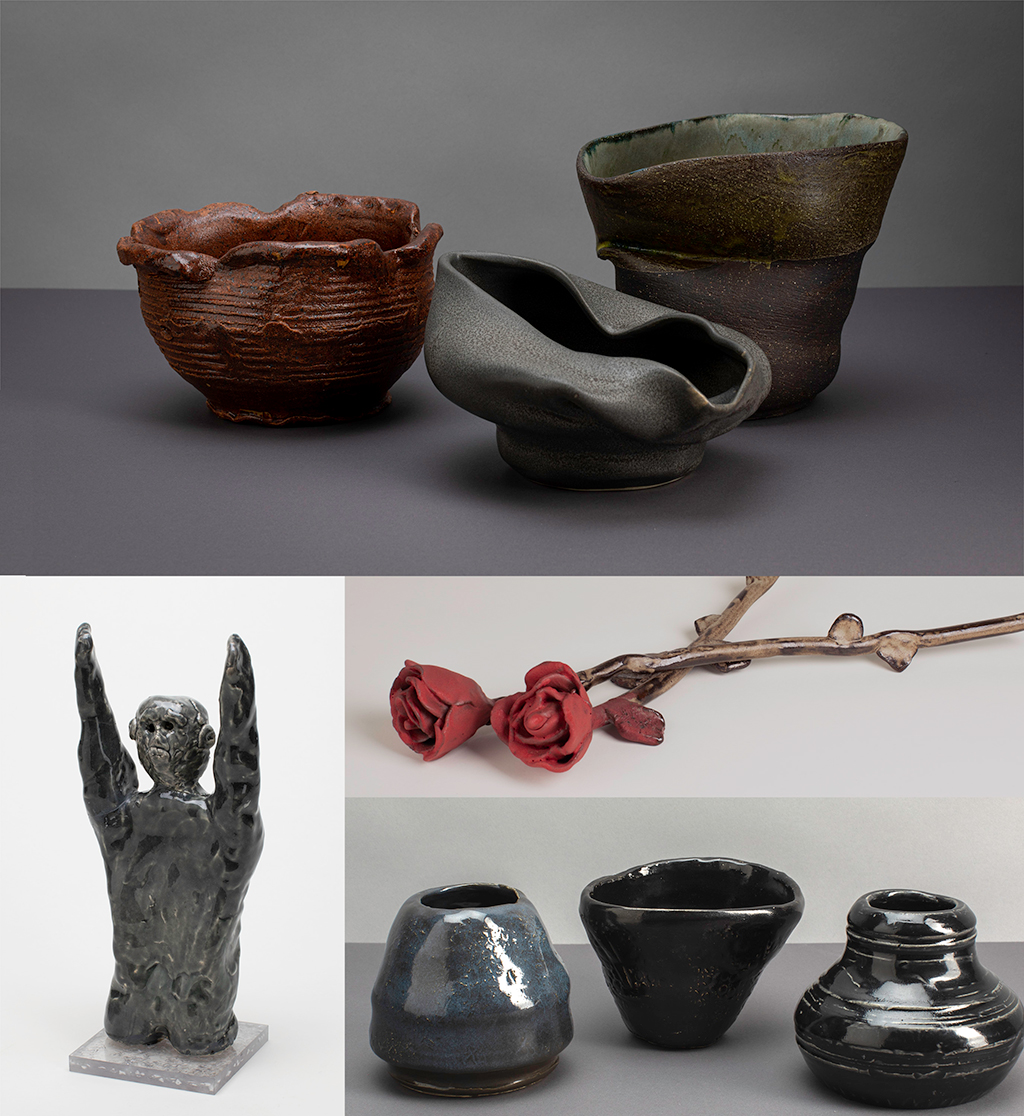 This is a salon-style presentation of featured work by Don Katz, the Blind Potter. Included are four photographs documenting ceramic works created by the blind artisan. The photographs depict, from clockwise: a set of three bowls presented with torn and raw features; a pair of hand-build ceramic roses; a group of three bowls and pots in dark glazes; and a yoga statue from hand-built paper clay in charcoal glaze, presented on acrylic pedestal. Some of these works are available for sale in the website shop. All photographs by Joanne Kim.